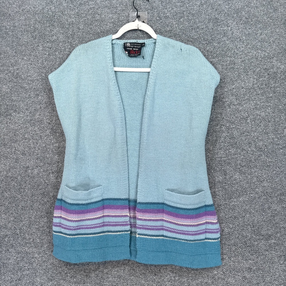 Renee Tener Outlander Vest Womens Large Blue Striped Wool Knit Cardigan Vintage